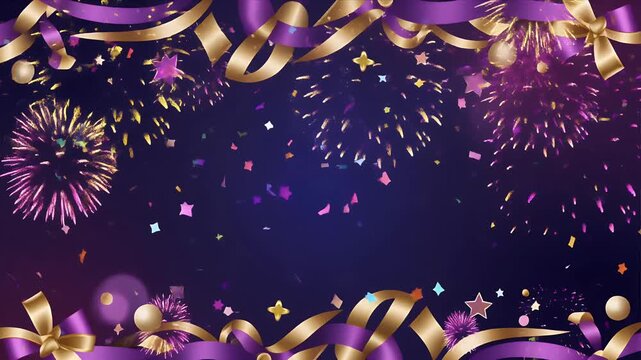 Celebration Ribbons and Stars Floating in Dark Cosmic Space with Glowing Orbs and Sparkles