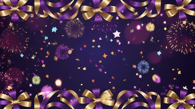 Elegant Gold and Purple Decorative Border with Glittering Stars and Festive Ornaments