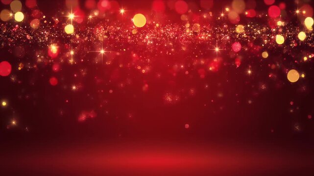 Bokeh Light Blur Background with Glowing Red and Gold Sparkles in Dark Atmosphere