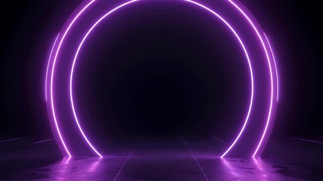 A glowing purple neon ring arches over a reflective dark surface.