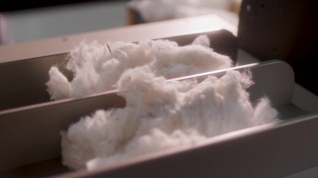 Close-up image of raw cotton in an automated textile production machine