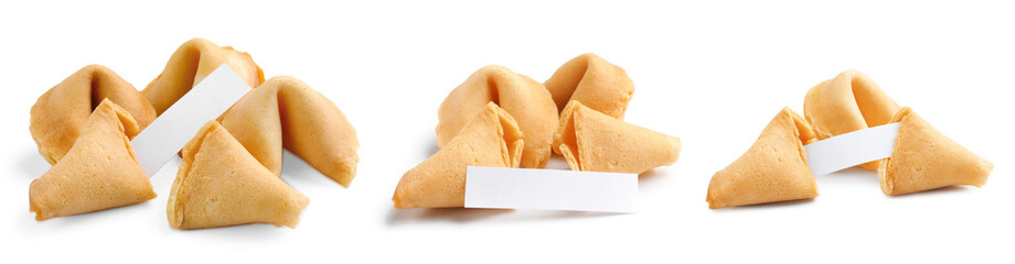 Fototapeta premium Tasty fortune cookies with predictions isolated on white, set