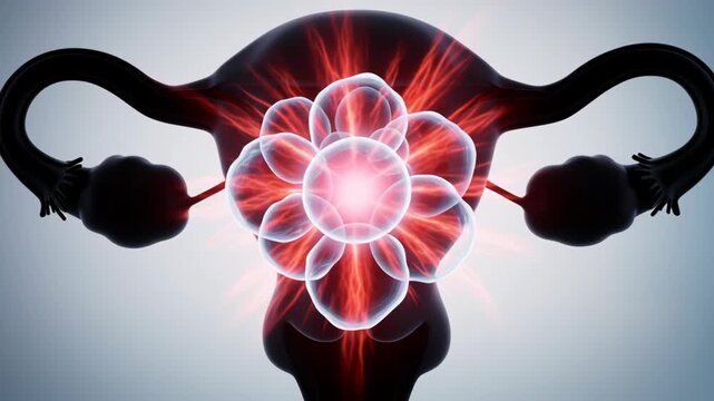 Ovarian Cyst Concept ,Female reproductive system uterus ovary fallopian tube glowing energy effect medical concept fertility