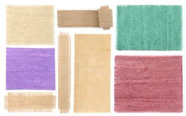 Fototapeta premium Pieces of natural burlap fabric in different colors on white background, set