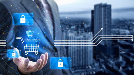 Naklejka premium A businessman in a suit holds a digital projection of a shopping cart, security locks, and legal shield icons against a blurred urban city backdrop