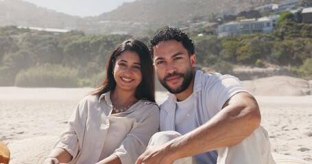 Fototapeta premium Travel, portrait or couple on beach sand with smile, commitment or bonding together on summer holiday. Happy, man or woman with love, romantic connection or healthy relationship on outdoor vacation.