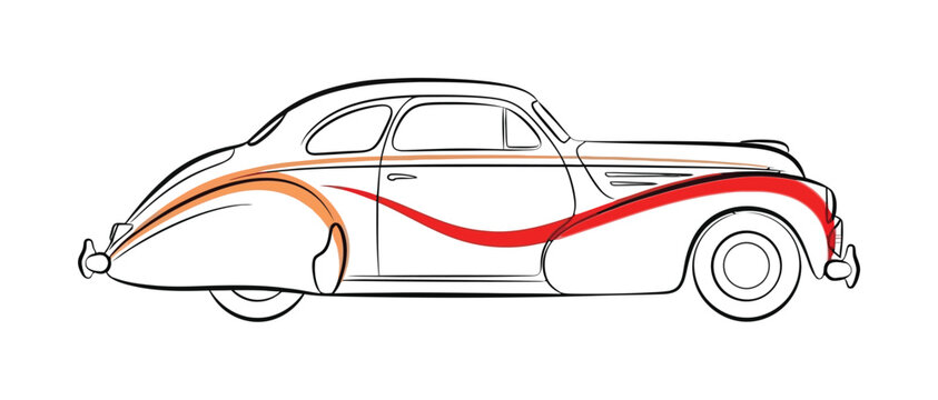 Stylized vector of a sleek classic car featuring a dynamic red and orange swirl design