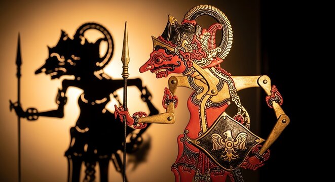 Shadow puppets of mythological figures with intricate details