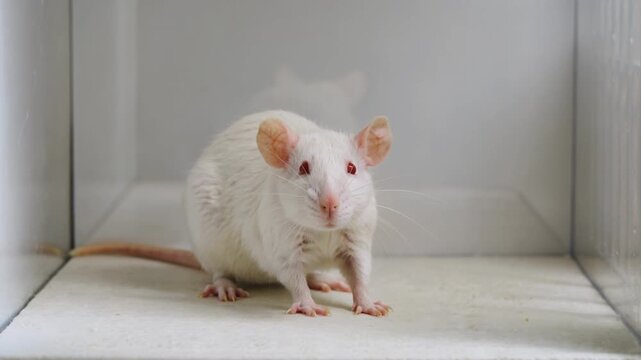 white laboratory mouse in enclosure exploring corner closeup stock video