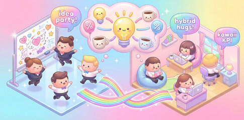 Obraz premium Kawaii cartoon team brainstorming in hybrid office 