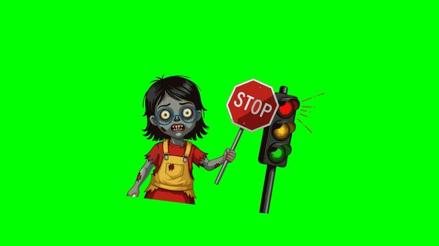 Spooky cartoon zombie character in tattered clothes holding a stop sign next to a red traffic light on a bright green screen background.