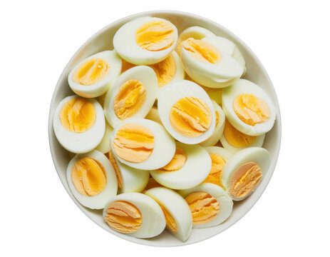 White bowl filled with halved hard-boiled eggs sliced eggs isolated on a transparent background