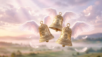 Naklejka premium Golden winged bells floating in heavenly sky 