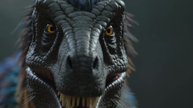 dinosaur close up head with sharp teeth in dark background