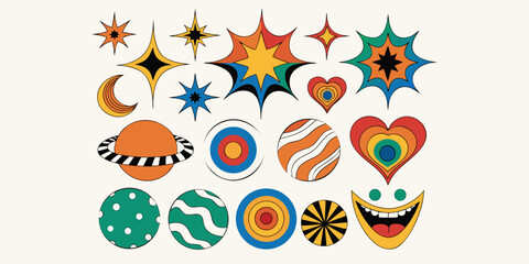 Obraz premium A vibrant collection of abstract retro-style graphic elements, featuring colorful stars, moons, planets, hearts, and cheerful faces, arranged neatly on a light background.