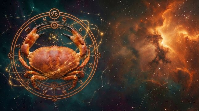 Vedic astrology concept of Cancer zodiac sign Kataka Rashi with celestial crab and right side copy space