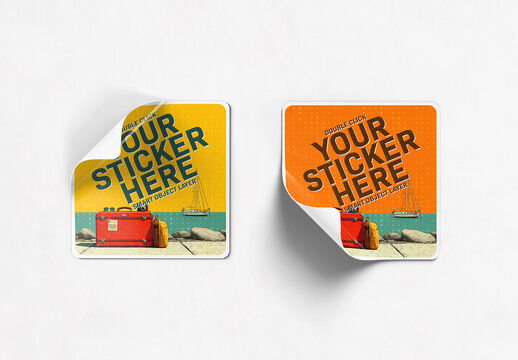 Two Isolated Curled Squared Stickers Mockup