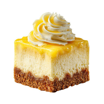 Delicious creamy lemon cheesecake square, crumb base, bright yellow topping, whipped cream