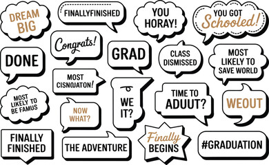 Obraz premium Graduation photo booth props set, fun collection of themed cutouts for graduation party photobooth featuring hats glasses signs and celebration elements.