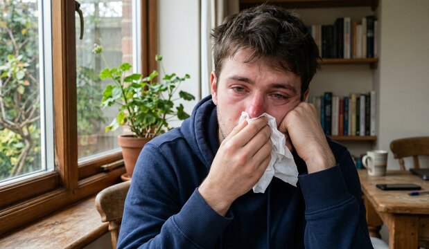 Sick and unwell young man blowing his nose with a tissue at home, suffering from allergic rhinitis allergy or sadness.