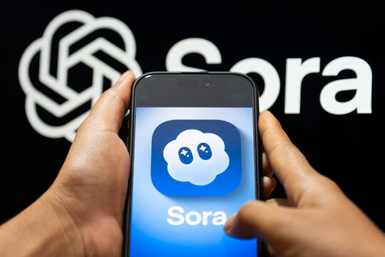 In this photo illustration, a smartphone displays the Sora AI logo in landscape orientation, with the OpenAI logo visible in the background