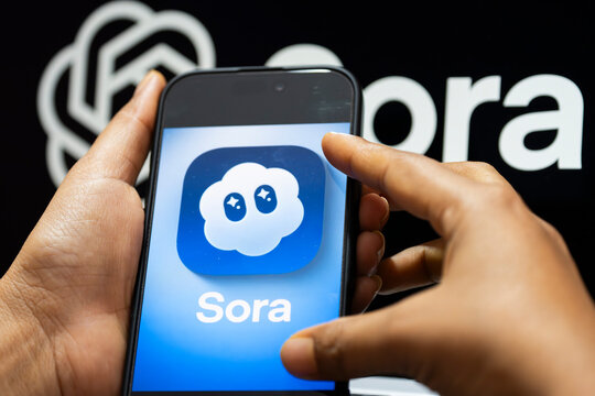 In this photo illustration, a smartphone displays the Sora AI logo in landscape orientation, with the OpenAI logo visible in the background