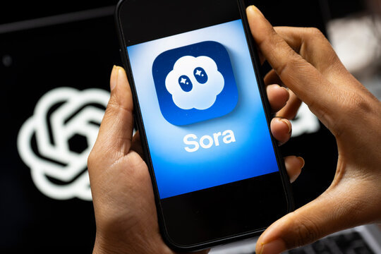 In this photo illustration, a smartphone displays the Sora AI logo in landscape orientation, with the OpenAI logo visible in the background