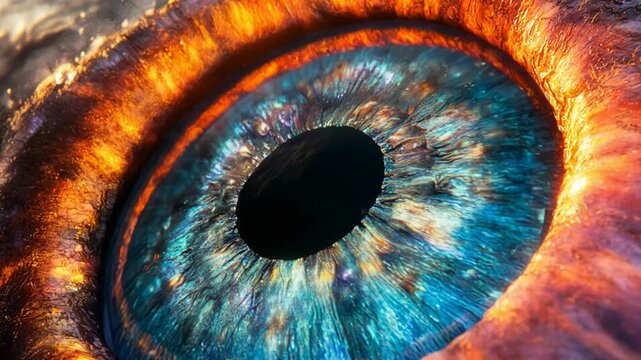 Macro view of a celestial eye with a fiery, swirling galaxy iris and a central black hole pupil