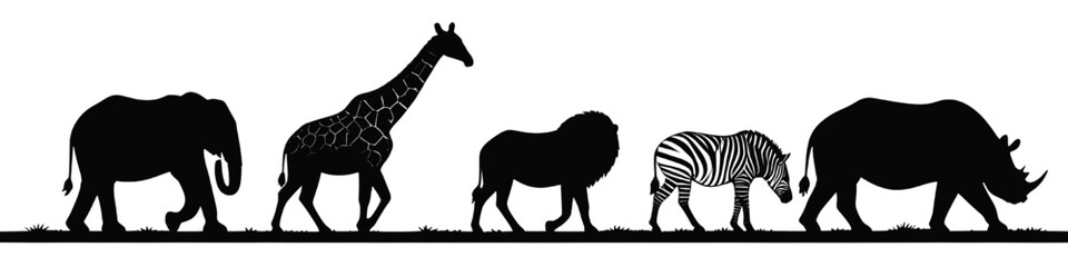 Fototapeta premium african safari animals silhouettes including elephant giraffe lion zebra and rhinoceros walking in line minimal wildlife illustration