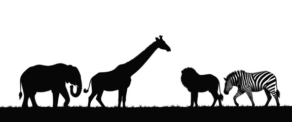 Fototapeta premium African Animals Silhouette Row Safari Wildlife Wide Banner with Elephant Giraffe Lion Vector