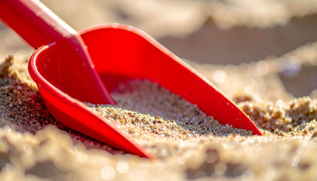 Red plastic sand shovel, children beach toy, blurred sandy background, summer activity concept, soft natural light
