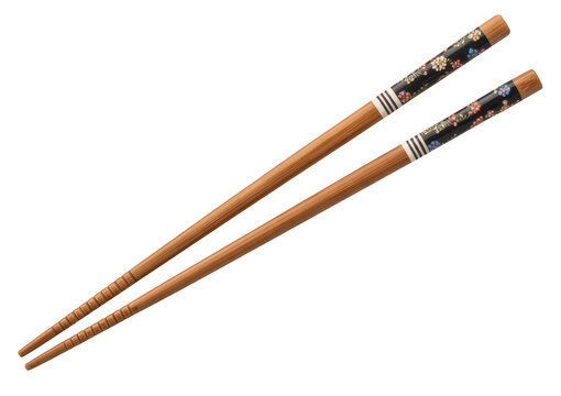 Wooden chopsticks with floral pattern brown isolated on a transparent background