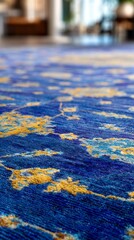 Fototapeta premium Vibrant blue and yellow patterns weave together on a stunning rug that brings warmth to a bright interior. The soft textures invite relaxation in this stylish area