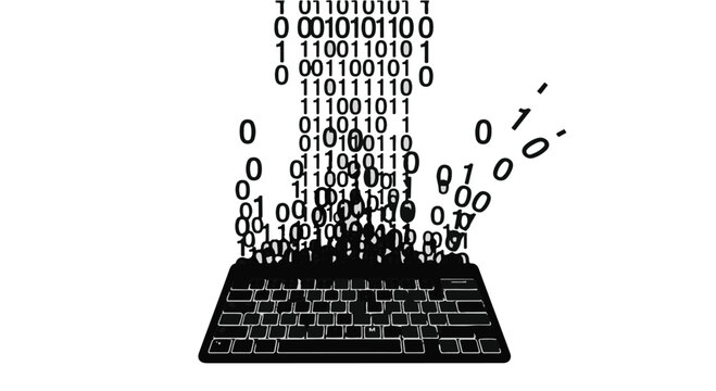 Digital data streams flowing from a keyboard, representing technology and information flow.