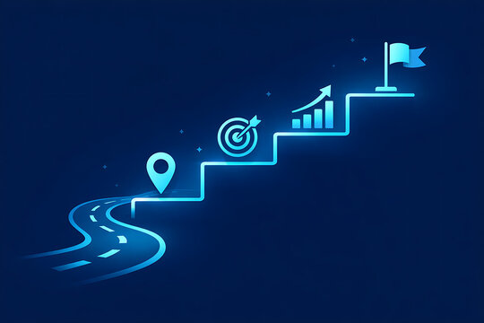 Strategic business path concept with neon blue steps leading to target goals and final achievement flag symbolizing corporate development growth success and professional milestone planning