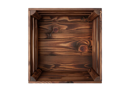 Wooden crate with dark brown wood grain and decorative corners wooden texture isolated on a transparent background