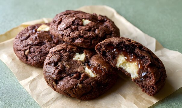 double chocolate cookies with white chocolate chunks lined on parchement paper
