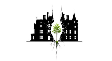 Obraz premium Conceptual Silhouette of a Tree Growing Through the Center of a Cracked Mansion Splitting it Apart