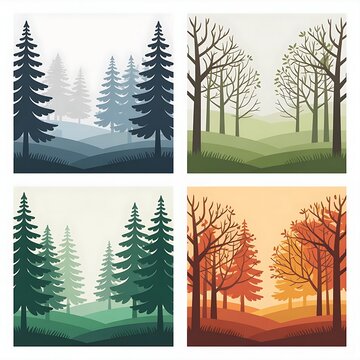 Four seasons illustration of pine and deciduous trees in forest landscapes