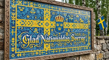 Obraz premium An intricate mosaic-style artwork composed of small geometric tiles in Swedish flag colors forming a large decorative panel, with elegant calligraphy “Glad Nationaldag Sverige”