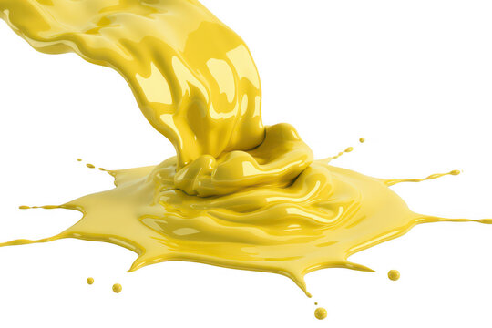 Yellow liquid splashing and spreading on a black surface spill splatter isolated on a transparent background
