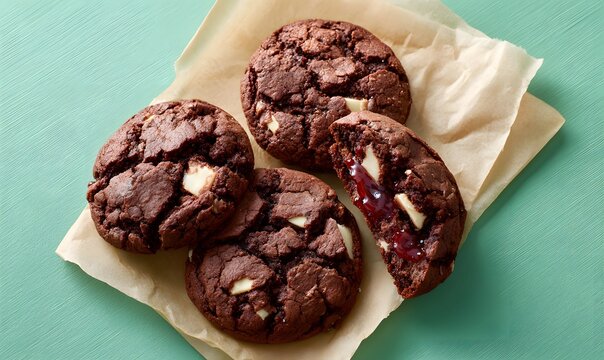 double chocolate cookies with white chocolate chunks lined on parchement paper