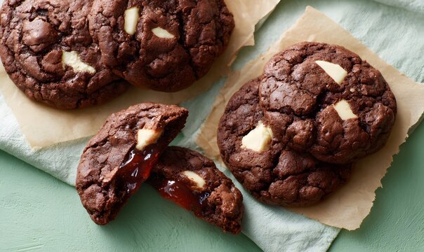 double chocolate cookies with white chocolate chunks lined on parchement paper