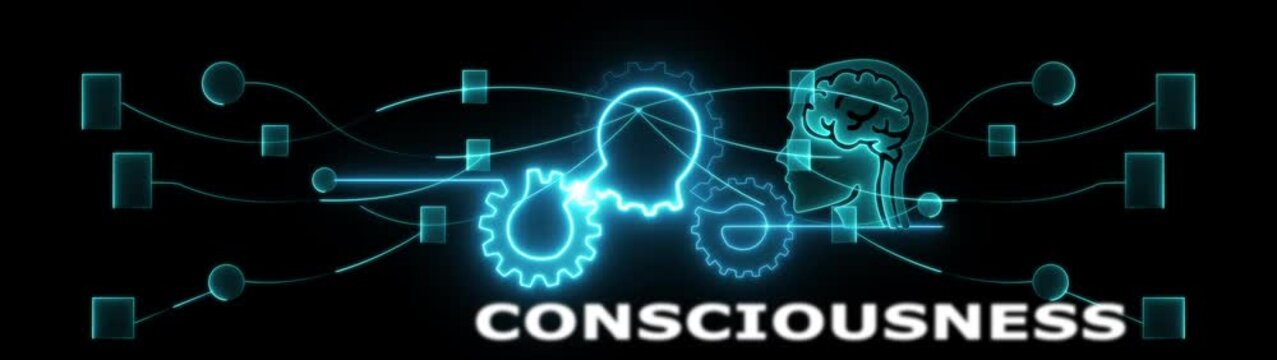 Abstract digital consciousness brain network visualization with glowing neural connections and data flow brain synergy innovation tech evolution icon animation.