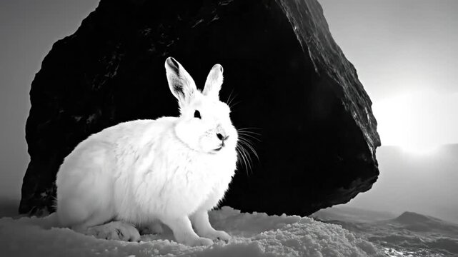 Black and white winter scene of a white arctic hare sitting in snow with large dark rock and sunlight background