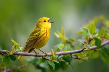 Fototapeta premium Springtime Yellow Warbler Serenade on a Branch with Green Foliage