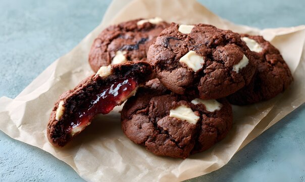 double chocolate cookies with white chocolate chunks lined on parchement paper