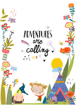 Cartoon Flower Frame with Happy Kids playing Near Teepee Tent