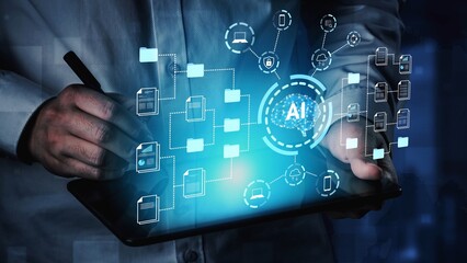 Fototapeta premium Business Professional Interacting with AI Technology, Using Tablet to Visualize Data Connections and Digital Innovations in Modern Workspace Environment Gluon.