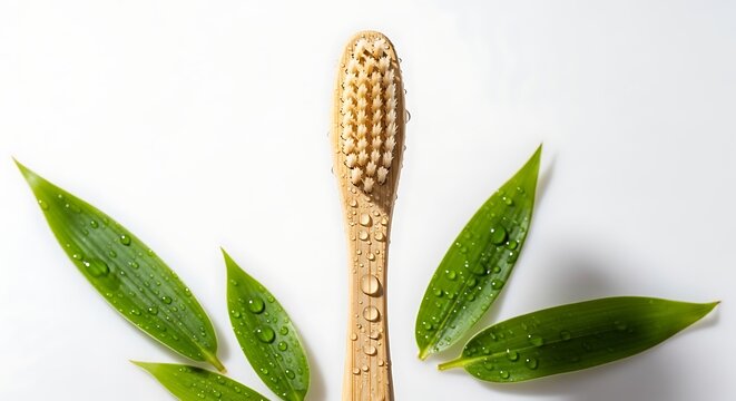Ecofriendly bamboo toothbrush with fresh green leaves and water droplets demonstrating natural hygiene and sustainable living practices